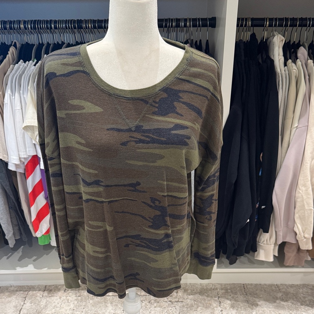 Z Supply Olive Green Camo Waffle Knit Long Sleeve Top
